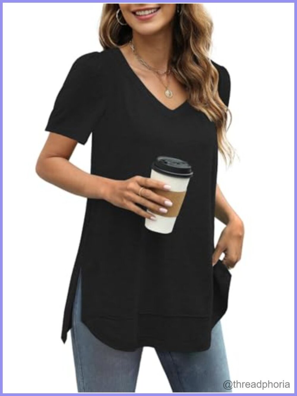 Women Short Sleeve V Neck Side Split Tunic Top Casual Loose Summer Shirt